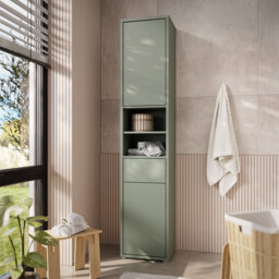 Hadiya Minimalistic tall bathroom cabinet with 2 doors, 1 drawer and open shelving, engineered wood, 39.8 cm W x 191.9 cm H x 34.9 cm D