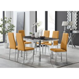 Tierra Modern Glass & Metal Extendable Dining Table Set & 6 Luxury Faux Leather Dining Chairs