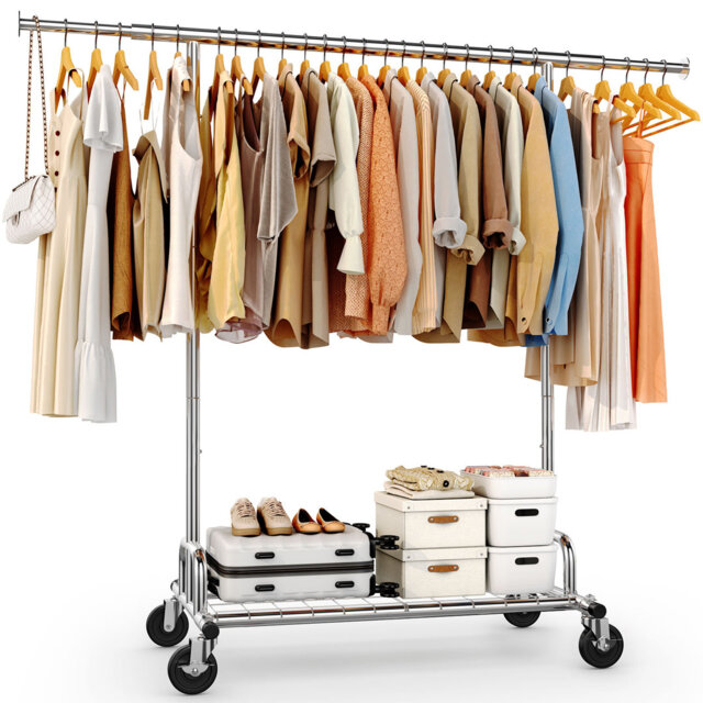 Heavy Duty Clothes Rail 238kg (525lbs) Capacity, Extendable Hanging Rack with Lockable Wheels & Shelves