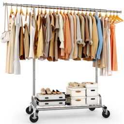 Heavy Duty Clothes Rail 238kg (525lbs) Capacity, Extendable Hanging Rack with Lockable Wheels & Shelves