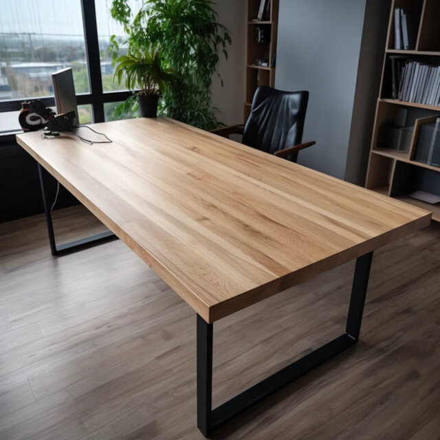 Staved Oak Office Desk, Chunky U Legs with Pop Up Power Socket