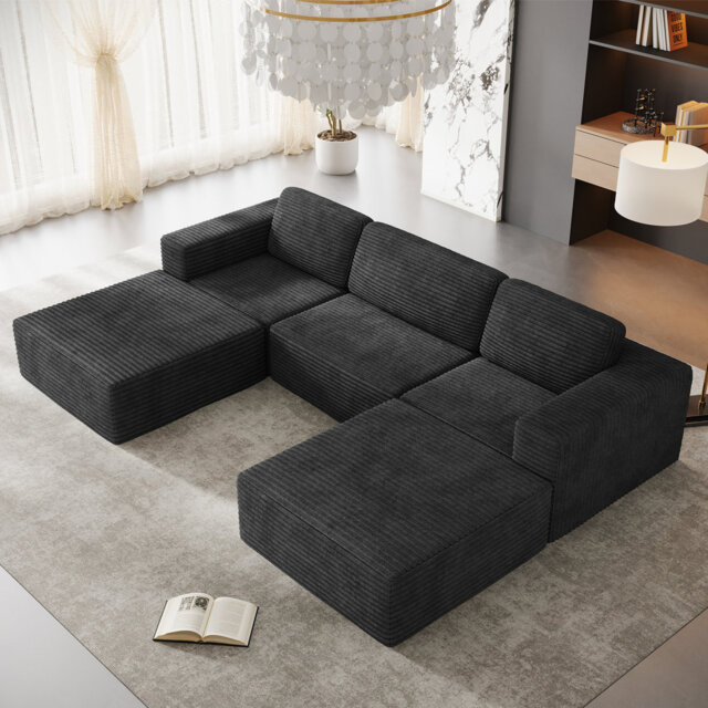 Modular Corduroy 303cm 3-seater Sofa With 2 Ottomans, No Assembly Required, With High Rebound Sponge