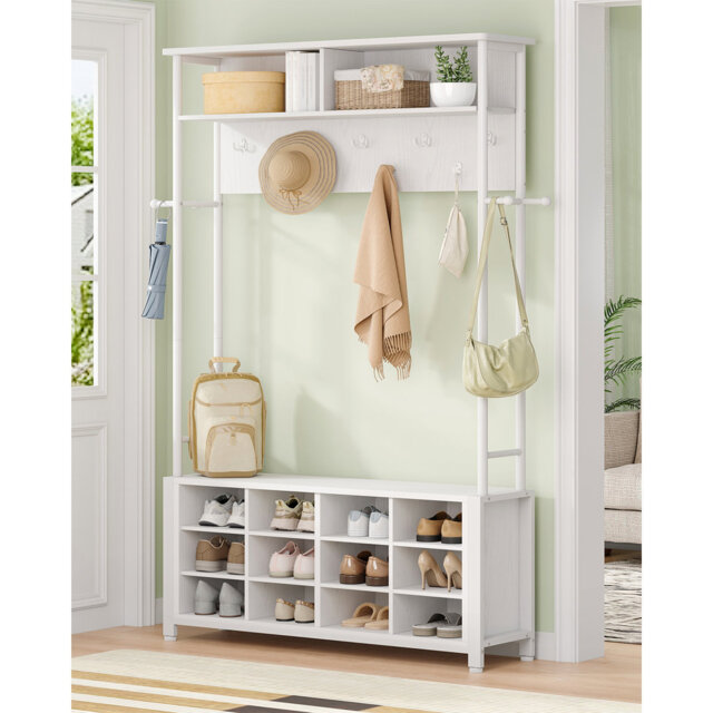 Coat Rack with Shoe Storage, Hall Tree with Bench for Hallway, 14 Open Compartments, Coat Stand with Adjustable Shelves, 13 Hooks, Top Storage for Liv