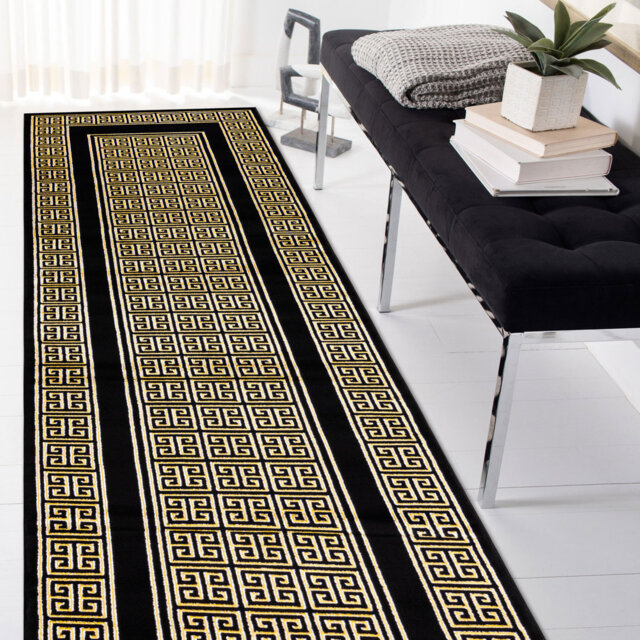 Modern GLOSS rug, rug for living room, bedroom, kitchen, hallway, frame, Greek black / gold