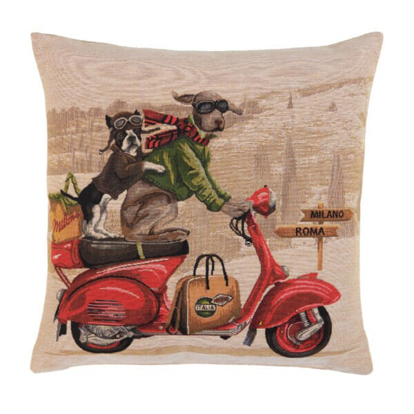 Red Scooter Dogs Tapestry Cushion with Feather Filler
