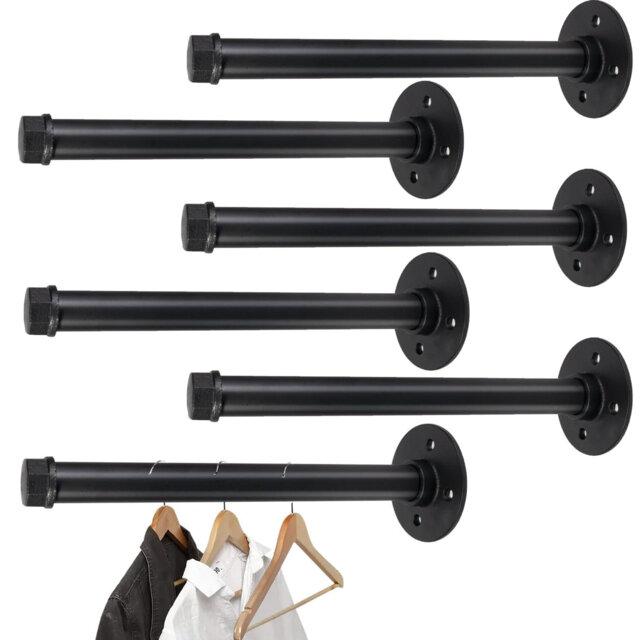 6 Pcs Industrial Pipe Clothes Bar 12 Inch - Wall Mount Clothing Rack