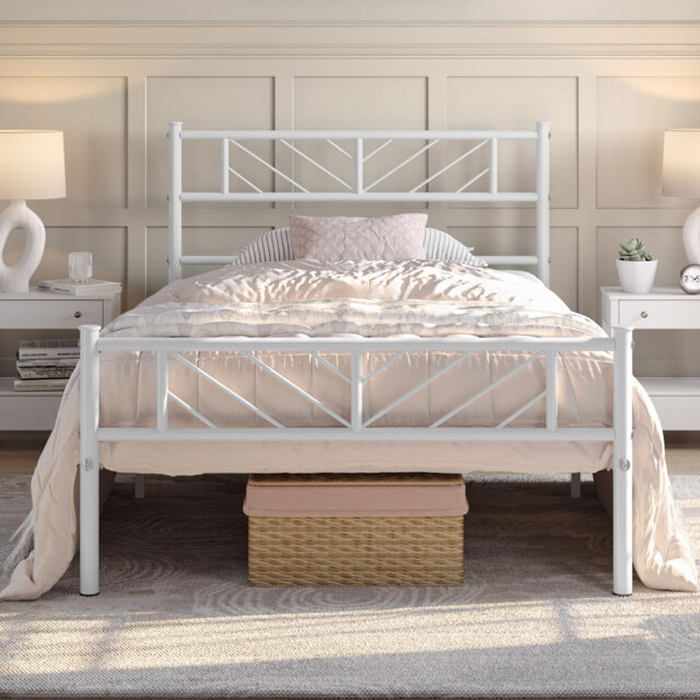 Minimalist Metal Slatted Bed Platform with Arrow Design Headboard