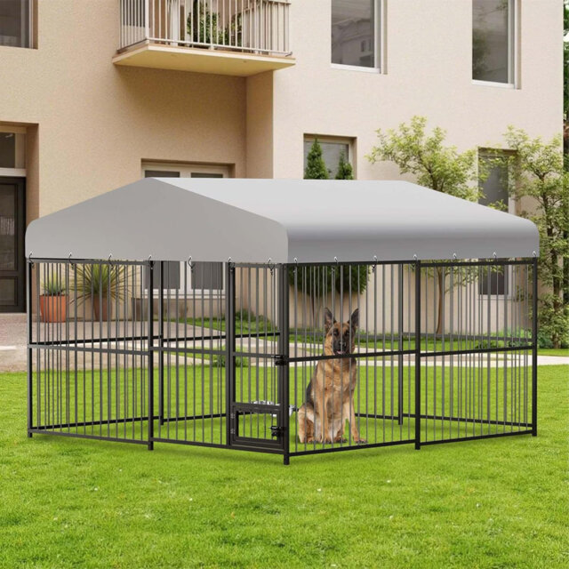 10x10x6 ft Large Dog Kennel Outdoor with Roof - Heavy Duty Metal Cage with Waterproof Cover, Lockable Gate