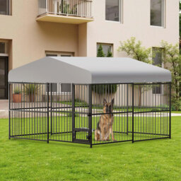 10x10x6 ft Large Dog Kennel Outdoor with Roof - Heavy Duty Metal Cage with Waterproof Cover, Lockable Gate