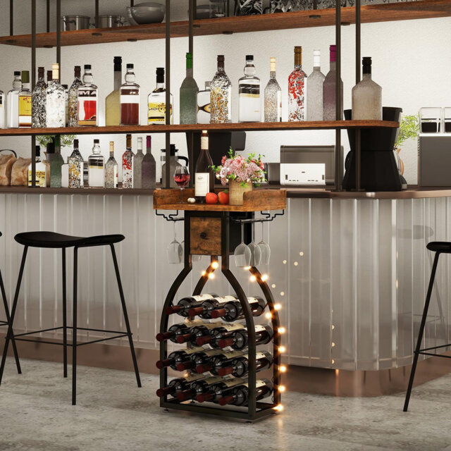15 Bottles Wine Rack Freestanding Floor With Glass Holders Amd Storage Drawer,Rustic Brown And Black