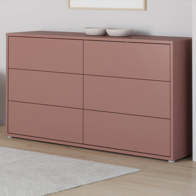 Modern 6-drawer chest of drawers, engineered wood, terrakotta, 154.5 cm W x 83.1 cm H x 34.9 cm D