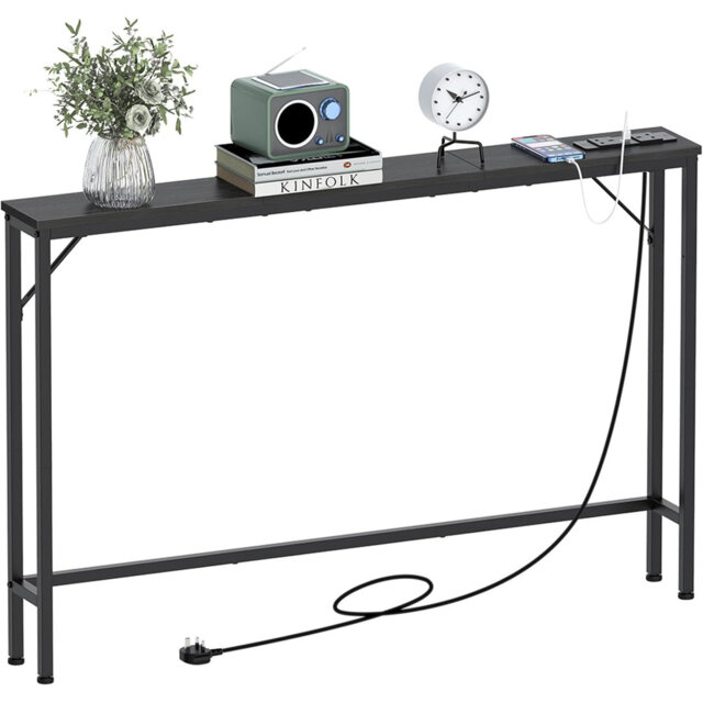 "5.9"" Skinny Console Table with Charging Station Narrow Long Behind Couch Table with Power Outlets USB Ports Slim Sofa Table Steel Frame Black"
