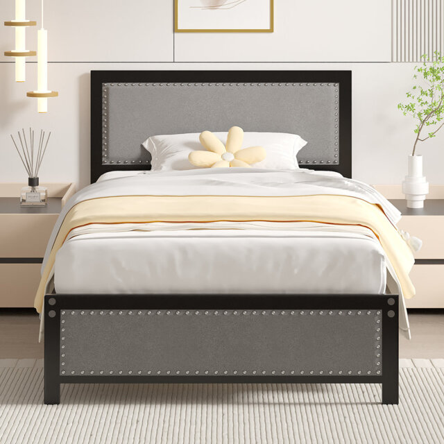 Platform Bed Frame with Headboard and Footboard, Heavy-Duty Bed Frame with Metal Slats Support, Modern Fabric Upholstered Beds, No Box Spring Needed