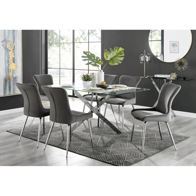 Tierra Glass And Chrome Dining Table with 4 Luxury Velvet Dining Chairs