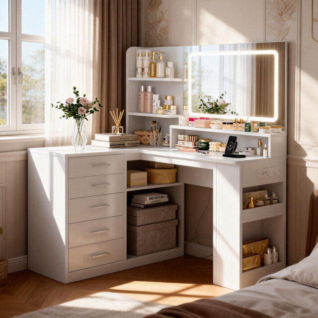 Dressing Table With Led Lighted Mirror, 5 Drawers, 3 Open Shelves, Vanity With 5 Side Storage Spaces, Corner Makeup Vanity With Power Outlets, Bedroom