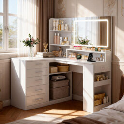 Dressing Table With Led Lighted Mirror, 5 Drawers, 3 Open Shelves, Vanity With 5 Side Storage Spaces, Corner Makeup Vanity With Power Outlets, Bedroom