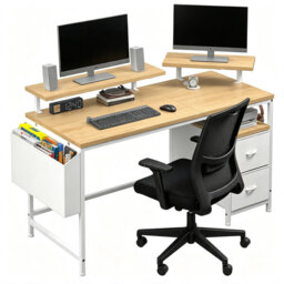 Reversible Gaming Computer Desk with Drawers - 100×75cm Sturdy Home Office Desk, Dual Monitor Riser & Fabric Storage Organizer