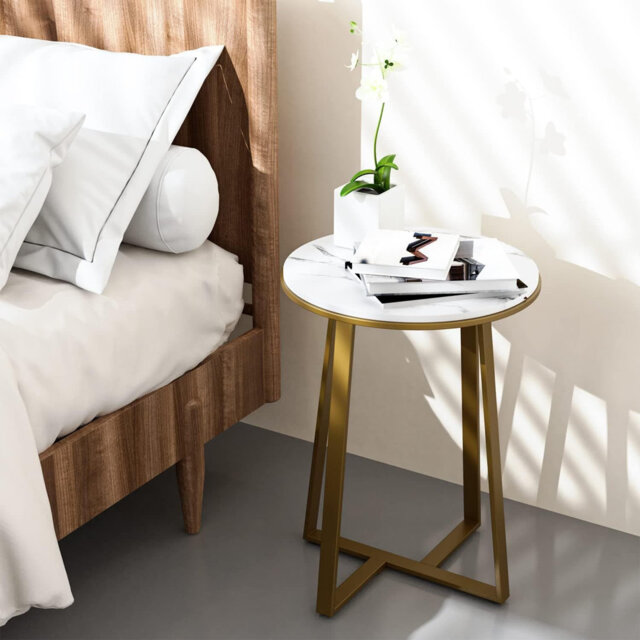 Small Round Side Table - White Marble MDF Top & Gold Metal Frame (Bedroom/Living Room Coffee Tea End Table)