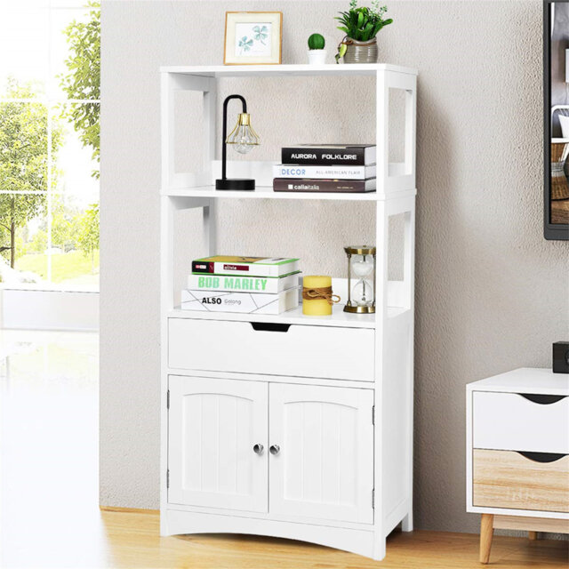 Free -Standing Bathroom Cabinet, Tall Bathroom Cabinet with 2 Doors, 3 Open Shelves and Drawer