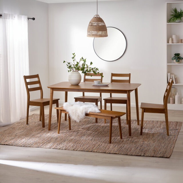 Abelina Large Walnut Effect Wooden Dining Table With 4 Chairs & Bench - Traditional Rustic Farmhouse Style