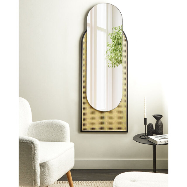 Greenmont Arch Framed Wall Mounted Accent Mirror in Black/Light Yellow Wood