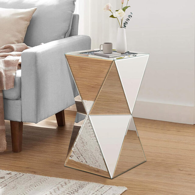 Sliver Mirrored End Table, Crushed Diamond Top Accent Side Table, Geometric Small Mirrored Coffee Table For Living Room, Bedroom, Corner, Small Space