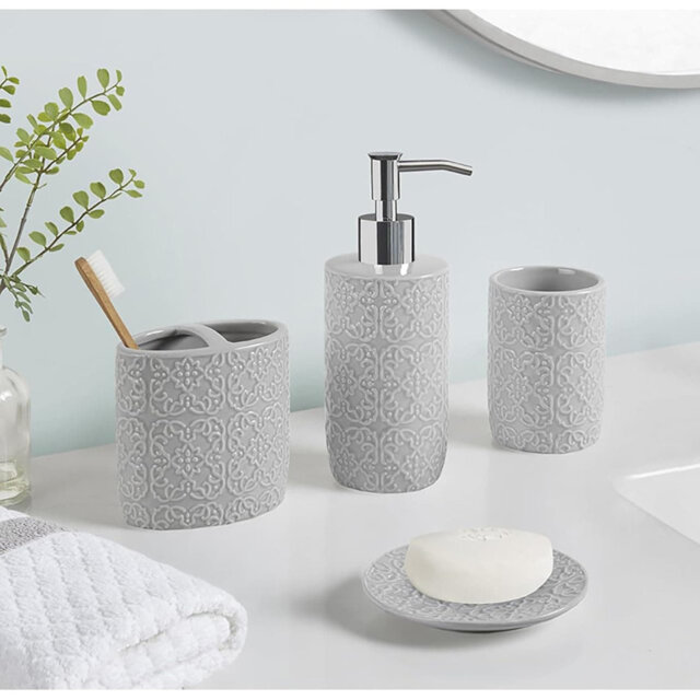 Ceramic Bathroom Set (Embossed Damask Medallion): Dispenser, Toothbrush Holder, Tumbler, Trinket Dish