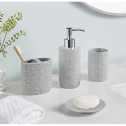 Ceramic Bathroom Set (Embossed Damask Medallion): Dispenser, Toothbrush Holder, Tumbler, Trinket Dish