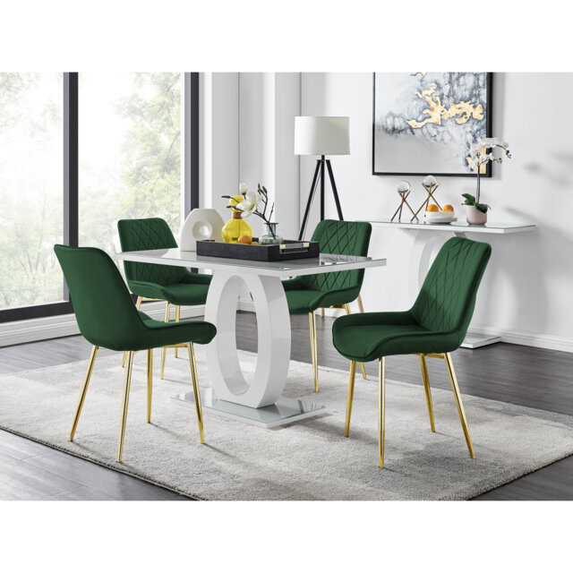 Scottsmoor Modern High Gloss & Glass Dining Set - 4 Luxury Velvet Mid-Century Upholstered Chairs