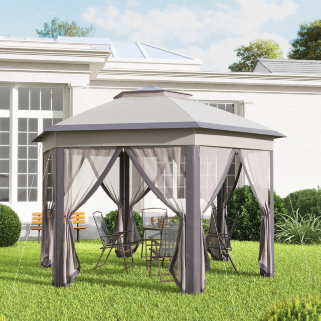 3 X 4m Hexagon Pop Up Gazebo, Double Roof Vented Canopy With Mesh Netting, Powder Coated Metal Frame, Portable Carry Bag, Outdoor Party Shelter For Pa