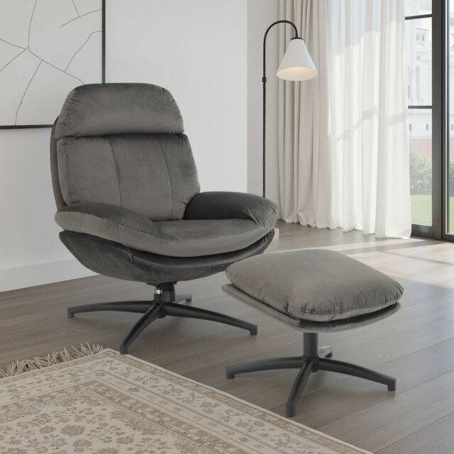 Velvet Swivel Accent Chair with Footstool