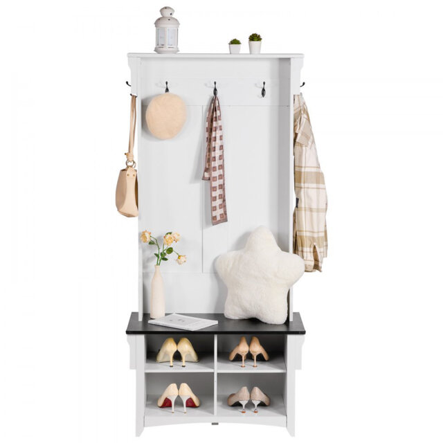 "Hall Tree Entryway Bench, Coat Rack with Shoe Storage, 32"" Wide Mudroom bench with Storage and Seating, Adjustable Shelves and 5 Hanging Hooks with 4"