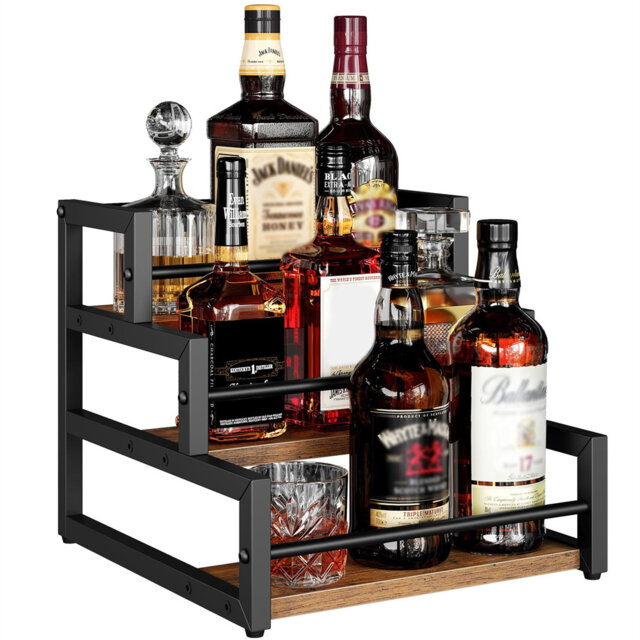 3-Tier Liquor Bottle Display Shelf, Syrup Organizer Stand, Countertop Wine Rack & Storage Shelf – Liquor Cabinet For Home Mini Bar, Kitchen & Coffee S
