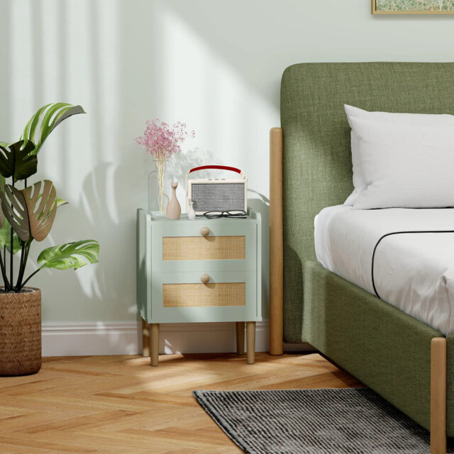 Bedroom Chest Of Drawers, Boho Rattan Dresser With 2 Drawers, Storage Cabinet For Living Room, Hallway, Entryway