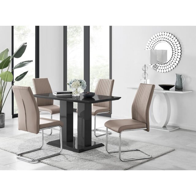 Edzard Double Pedestal High Gloss Dining Table Set with 4 Luxury Faux Leather Dining Chairs