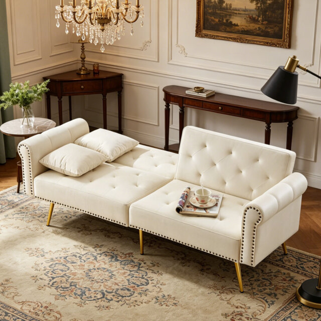 Dimmitt Modern 2-Seater Sofa Bed , 3-Stage Adjustable Backrest & Gold-Plated Metal Feet