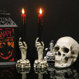 2 Pack Black Flameless Taper Candles: Remote Timer, Battery-Operated LED, Drip Wax with Skull Hand Holders, Flickering