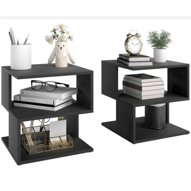 Set Of 2 Side Table Square Coffee Table, Modern End Table With 2 Tier Storage Shelves For Living Room, Bedroom