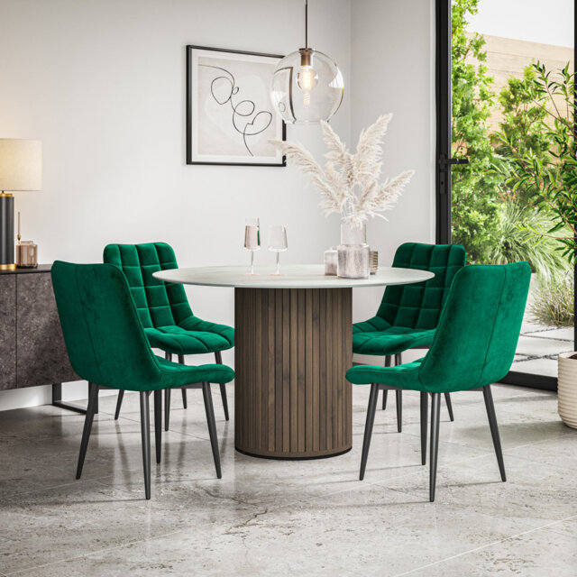 Arlo White Marble Table Top W Oak Legs + Nova Velvet Dining Chair Mustard Set Of 6