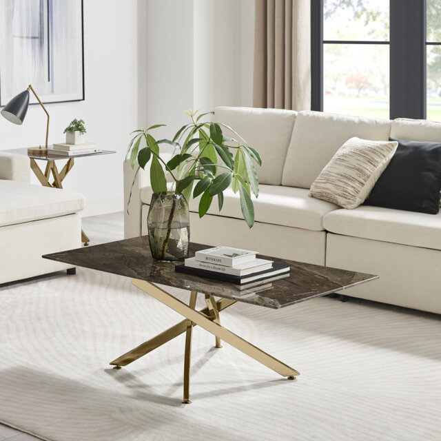 Lenworth Marble Effect Coffee Table - Glass Topped Metal Leg Centre Table