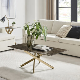 Lenworth Marble Effect Coffee Table - Glass Topped Metal Leg Centre Table