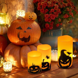 "3 Pack Halloween Flameless LED Pillar Candles: 6H Timer, Battery-Operated, Real Wax with Pumpkin Decals, 3x4""/5""/6"""