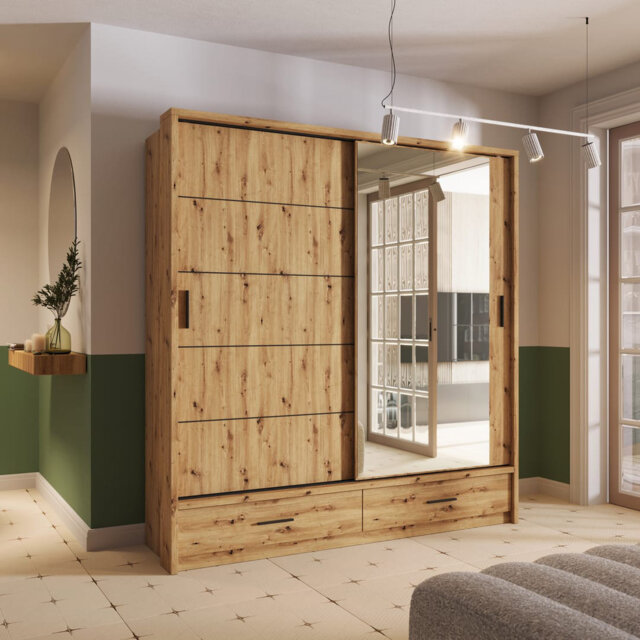 Lux V - Sliding Door Mirrored Wardrobe with Shelves And Drawers
