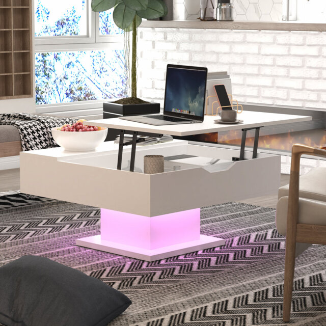 Lift Top Coffee Table With Storage - Square Wood Build For Living Rooms, Built-in 16-color Rgb Led Light System