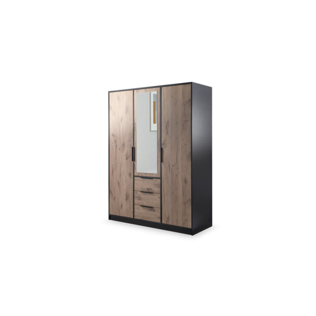 Wardrobe Bionca D3 Black and Oak Viking with Mirror - Stylish Storage with Drawers, Shelves & Hanging Rails