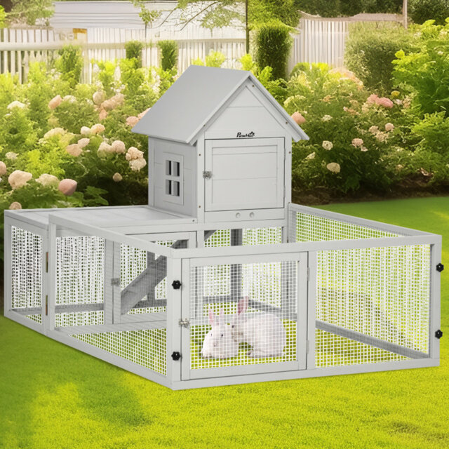 Indoor Rabbit Hutch With Slide-out Tray, Large Wooden Guinea Pig Cage With Fenced Play Area