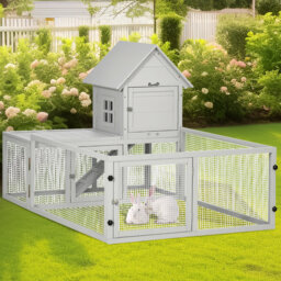 Indoor Rabbit Hutch With Slide-out Tray, Large Wooden Guinea Pig Cage With Fenced Play Area