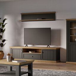 Rosswell Modern cottage style TV cabinet with 1 drawer and 2 doors, engineered wood, light grey/light oak decor, 199.2 cm W x 53.8 cm H x 43.5 cm D