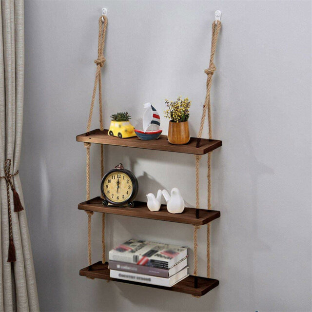 3 Tiers Rustic Wooden Floating Shelf Wall Hanging Rope Shelf Mounted Storage Unit