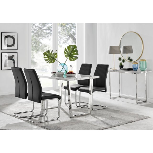 Kylooe Modern Marble Effect & Silver Metal Dining Table Set with 4 Upholstered Faux Leather Chairs